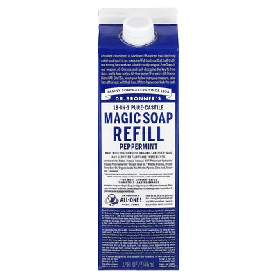 Dr. Bronner's, Pure-Castile Magic Soap, 18 в 1, сменная упаковка, перечная мята, 946 мл (32 жидк. унции)