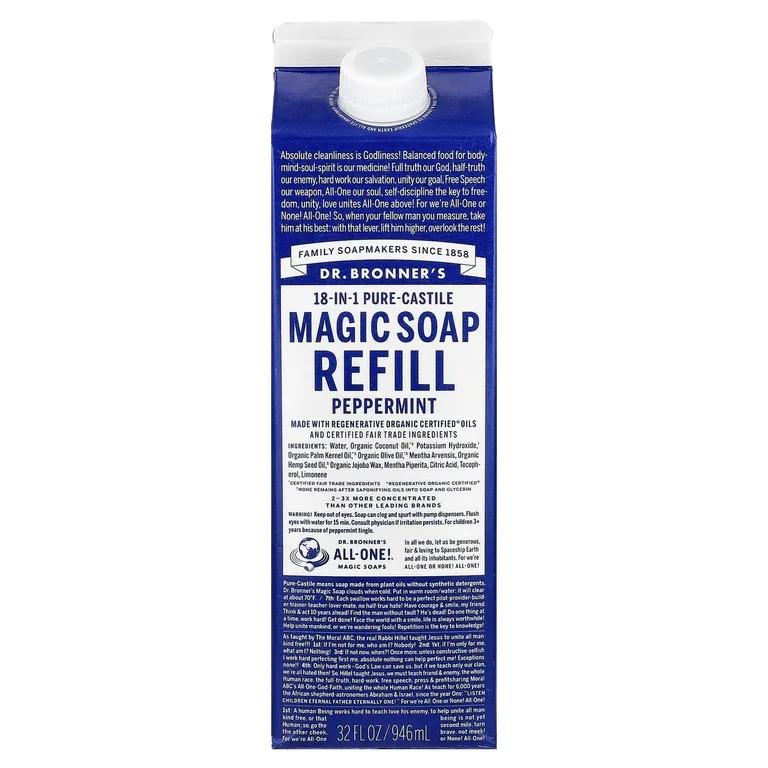 Dr. Bronner's, Pure-Castile Magic Soap, 18 в 1, сменная упаковка, перечная мята, 946 мл (32 жидк. унции)