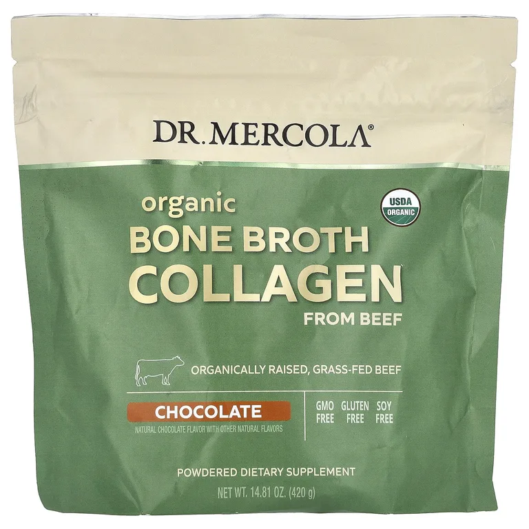 Dr. Mercola, органический коллаген из говяжьего костного бульона, шоколад, 420 г