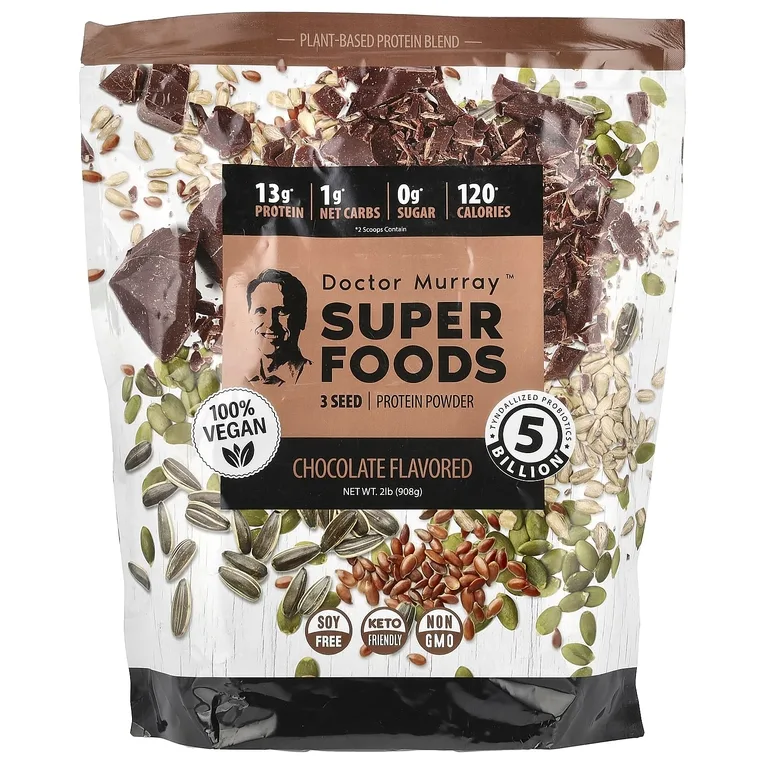 Dr. Murray's, Super Foods, порошок из 3 протеинов, тыква + лен + подсолнечник, шоколад, 908 г (2 фунта)