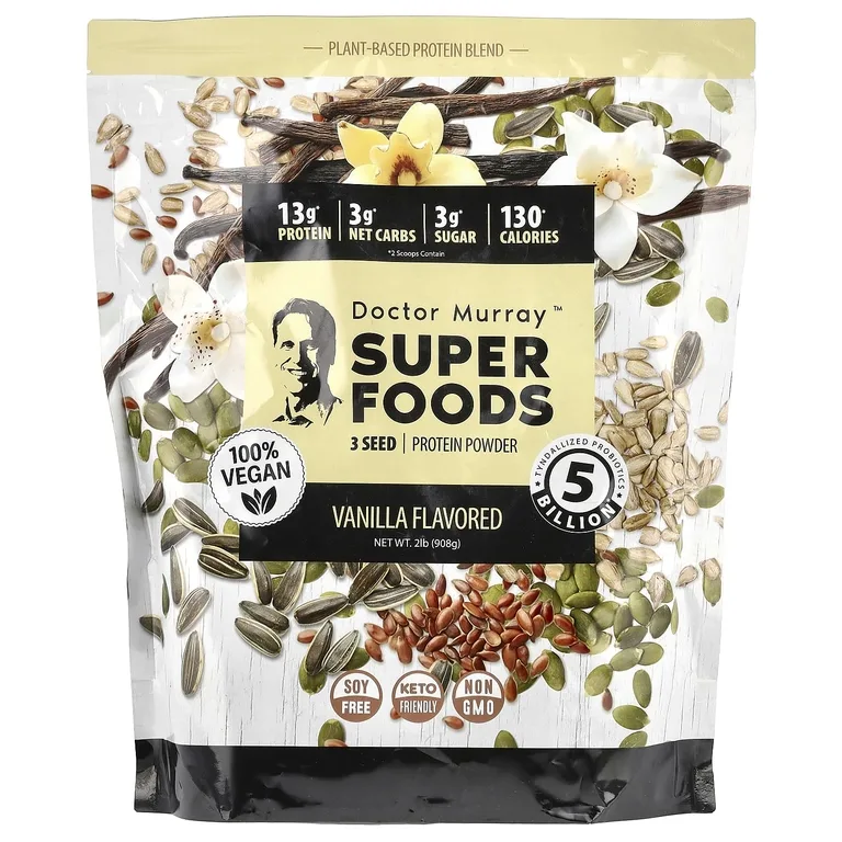 Dr. Murray's, Super Foods, порошок из 3 протеинов, тыква + лен + подсолнечник, ваниль, 908 г (2 фунта)