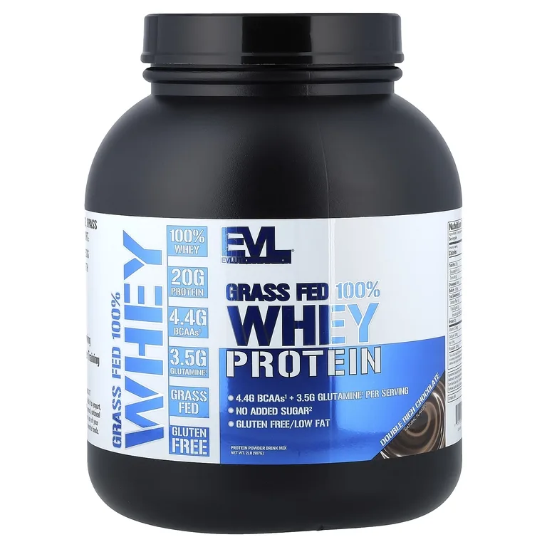 EVLution Nutrition, 100% сывороточный протеин от коров травяного откорма, двойной шоколад, 907 г (2 фунта)