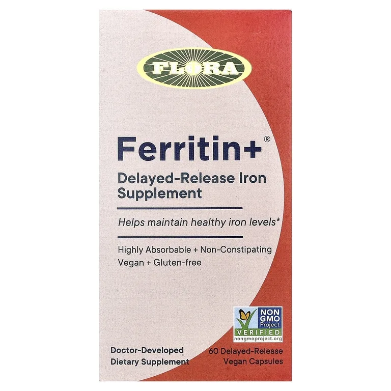 Flora, Ferritin +®, 60 веганских капсул с отсроченным высвобождением (20 мг в 1 капсуле)