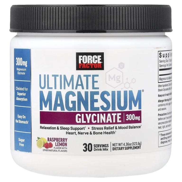Force Factor, Ultimate Magnesium®, смесь для приготовления напитка с глицинатом магния, со вкусом малины и лимона, 123,6 г (4,36 унции)