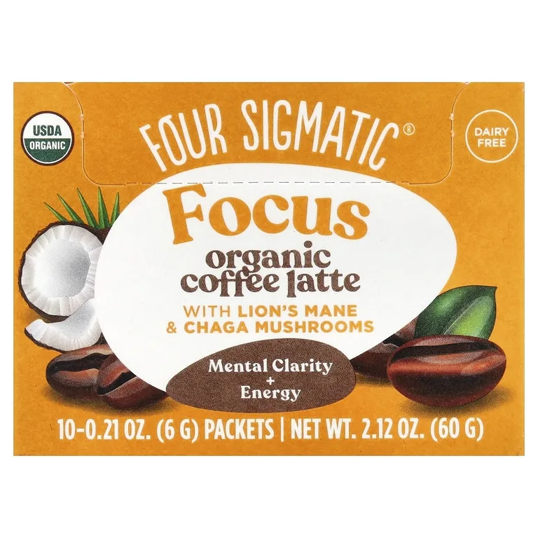 Four Sigmatic, Focus, органический кофе латте с ежовиком гребенчатым и грибами чага, 10 пакетиков по 6 г (0,21 унции)