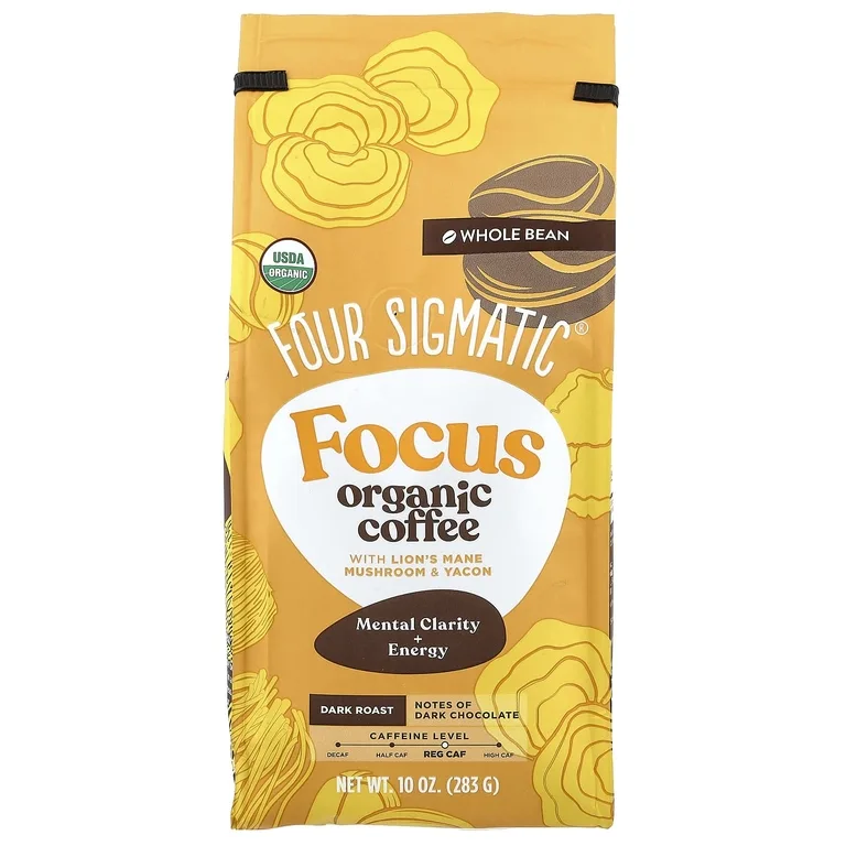 Four Sigmatic, Focus, органический кофе с грибом ежовиком гребенчатым и яконом, цельные зерна, темная обжарка, 283 г (10 унций)