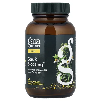 Gaia Herbs, Активированный уголь и травы для облегчения симптоматического газообразования и вздутия, 50 веганских капсул