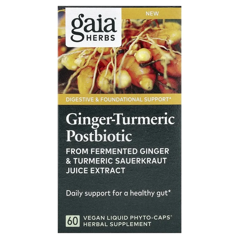 Gaia Herbs, постбиотик с имбирем и куркумой, 60 веганских капсул Liquid Phyto-Caps (0,6 г в 1 капсуле)