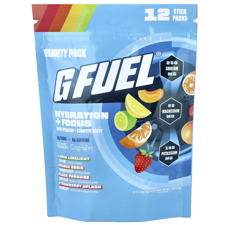 GFUEL, Hydration + Focus, смесь для приготовления электролитического напитка с Cognizin®, ассорти из 12 стик-пакетов по 6 г (0,21 унции)
