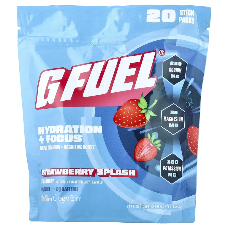 GFUEL, Hydration + Focus, смесь для приготовления электролитического напитка с Cognizin®, со вкусом клубники, 20 пакетиков-стиков по 6 г (0,21 унции)