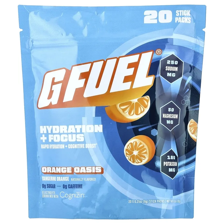 GFUEL, Hydration + Focus, смесь для приготовления электролитического напитка с Cognizin®, со вкусом апельсина, 20 пакетиков-стиков по 6 г (0,21 унции)