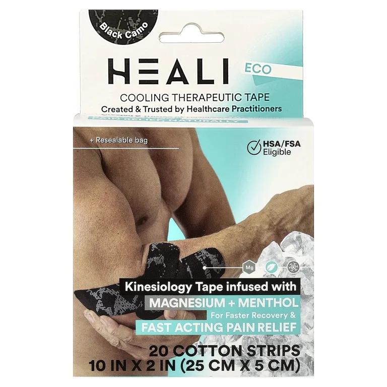 Heali Medical Corp, Охлаждающая терапевтическая кинезиологическая лента, черный камо, 20 хлопковых полосок