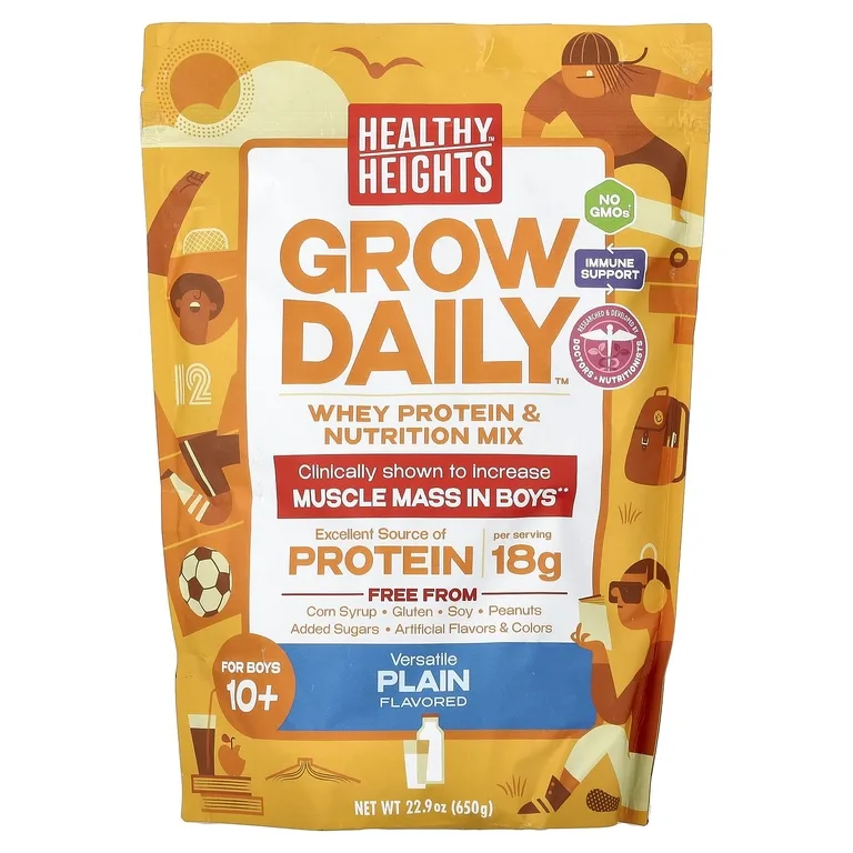 Healthy Heights, Grow Daily, смесь сывороточного протеина и питательных веществ, для мальчиков от 10 лет, без добавок, 650 г (22,9 унции)