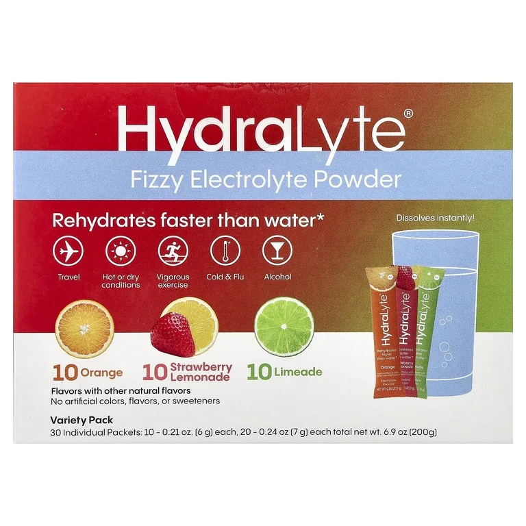Hydralyte, шипучий электролитный порошок, ассорти вкусов, апельсин, клубничный лимонад и лаймад, 30 отдельных пакетиков, 200 г (6,9 унции)
