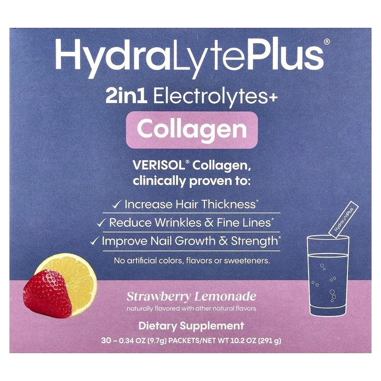 Hydralyte, VERISOL®, коллаген, со вкусом клубничного лимонада, 30 пакетиков по 9,7 г (0,34 унции)