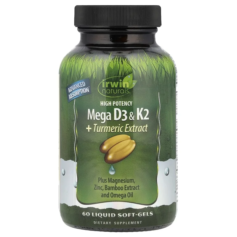 Irwin Naturals, высокоэффективные витамины D3 и K2 + экстракт куркумы, 60 желатиновых капсул