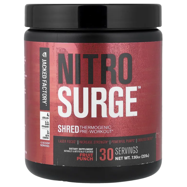 Jacked Factory, Nitro Surge™, термогенный предтренировочный комплекс Shred, со вкусом фруктового пунша, 209 г (225 г)