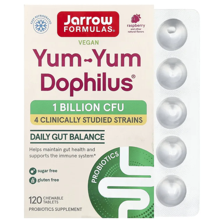 Jarrow Formulas, 4 штамма пробиотиков, без сахара, с натуральным ароматизатором со вкусом малины, 120 жевательных таблеток