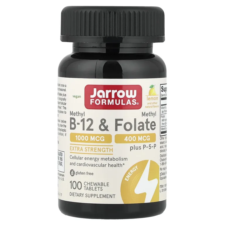 Jarrow Formulas, веганский метил B12 и метилфолат, лимон, 100 жевательных таблеток