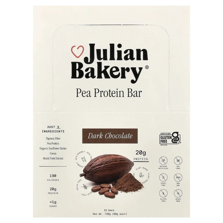 Julian Bakery, батончик с гороховым протеином, темный шоколад, 12 шт. по 60 г (2,1 унции)