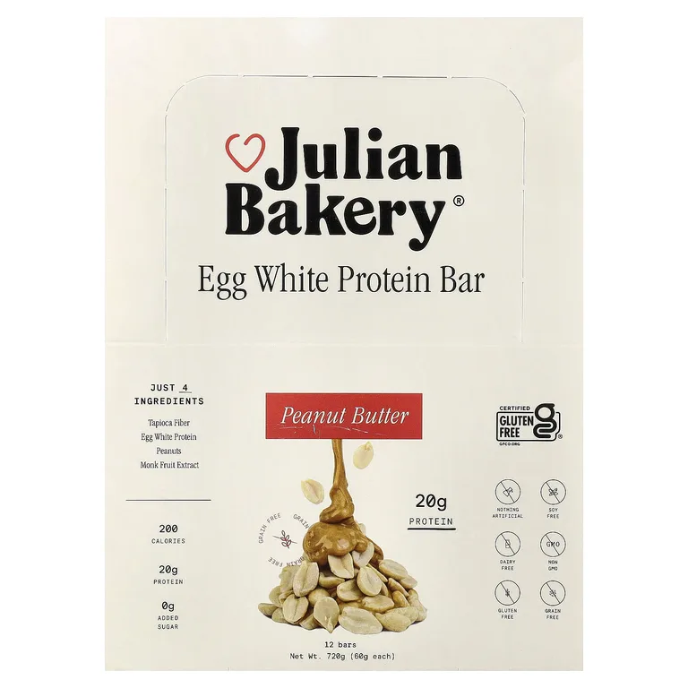 Julian Bakery, протеиновый батончик из яичного белка, арахисовая паста, 12 батончиков по 60 г (2,1 унции)