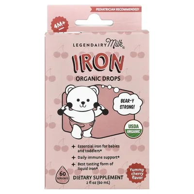 Legendairy Milk, Iron Organic Drops, для детей от 4 месяцев, вкусная вишня, 60 мл (2 жидк. Унции)