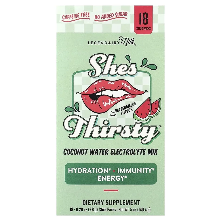 Legendairy Milk, She's Thirsty®, смесь электролитов с кокосовой водой, арбуз (коробка), 18 пакетиков-стиков по 7,8 г (0,28 унции)