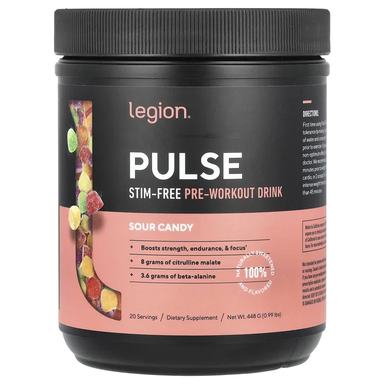 Legion Athletics, Pulse, предтренировочный напиток без стимуляторов, кислая конфета, 448 г