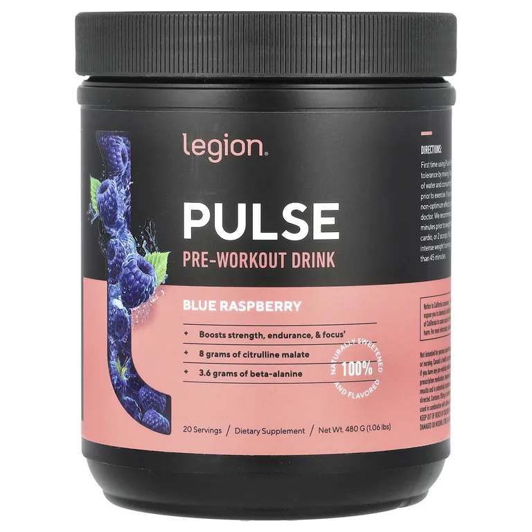 Legion Athletics, Pulse, предтренировочный напиток, голубая малина, 480 г