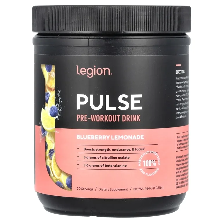 Legion Athletics, Pulse, предтренировочный напиток, лимонад с голубикой, 464 г