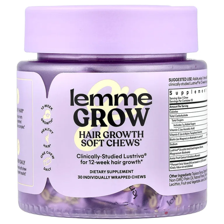 Lemme, Grow, жевательные таблетки для роста волос, фруктовое ассорти, 30 жевательных таблеток в индивидуальной упаковке