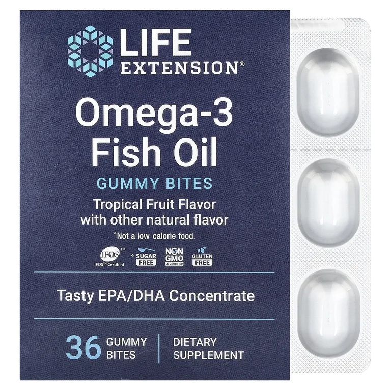 Life Extension, омега-3 жевательные таблетки с рыбьим жиром, со вкусом тропических фруктов, 36 жевательных таблеток (750 мг в 1 жевательной таблетке)