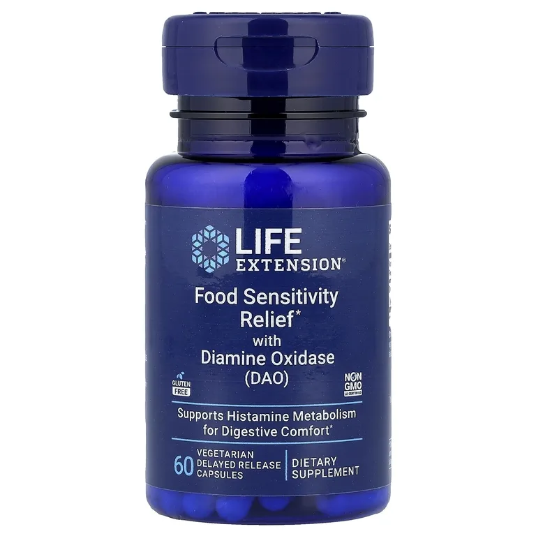 Life Extension, средство для облегчения чувствительности к пище с диаминоксидазой (DAO), 60 вегетарианских капсул с отсроченным высвобождением (4,3 мг в 1 капсуле)