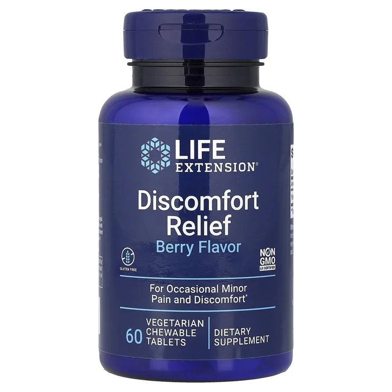 Life Extension, средство для облегчения дискомфорта, с ягодным вкусом, 60 вегетарианских жевательных таблеток (600 мг в 1 таблетке)