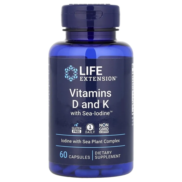 Life Extension, витамины Д и К с йодом, 60 капсул