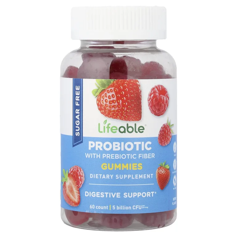 Lifeable, пробиотик с пребиотической клетчаткой, без сахара, с ягодным вкусом, 60 жевательных таблеток