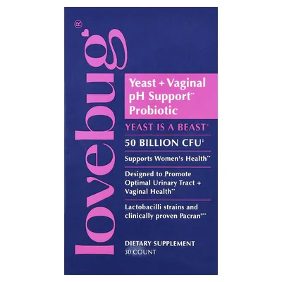 LoveBug Probiotics, дрожжи и пробиотик для поддержания уровня pH во влагалище, 50 млрд КОЕ, 30 капсул