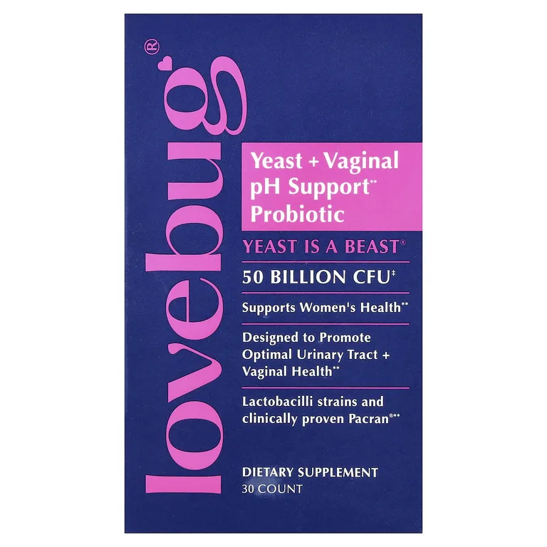 LoveBug Probiotics, дрожжи и пробиотик для поддержания уровня pH во влагалище, 50 млрд КОЕ, 30 капсул