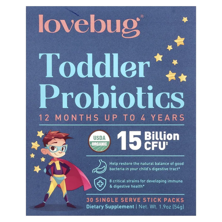 LoveBug Probiotics, пробиотики для детей в возрасте от 1 года до 4 лет, 15 млрд КОЕ, 30 порций в индивидуальных стик-пакетах по 1,8 г (0,06 унции)