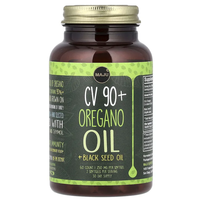 Maju Superfoods, CV 90+, масло орегано и масло черного тмина, 60 капсул