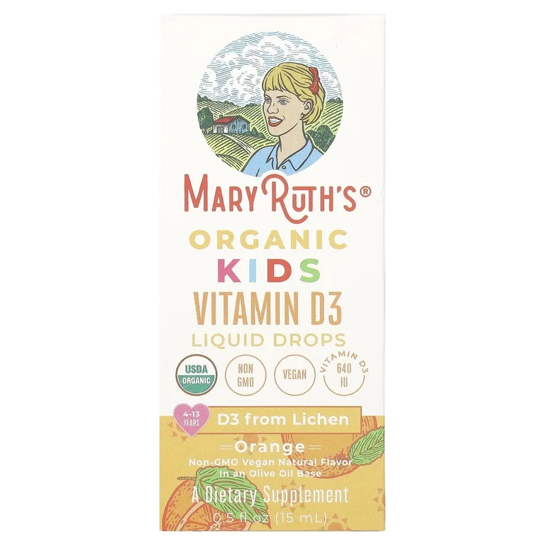 MaryRuth's, Organic Kids Vitamin D3, жидкие капли, для детей от 4 до 13 лет, со вкусом апельсина, 640 МЕ, 15 мл (0,5 жидк. Унции)