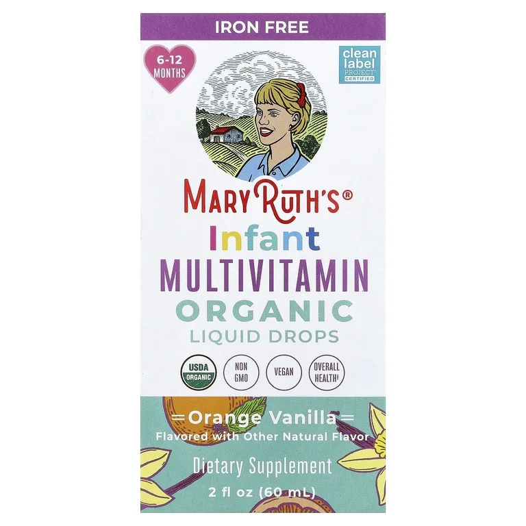 MaryRuth's, органические мультивитамины в жидкой форме для младенцев, без железа, для детей 6–12 месяцев, со вкусом апельсина и ванили, 60 мл (2 жидк. унции)