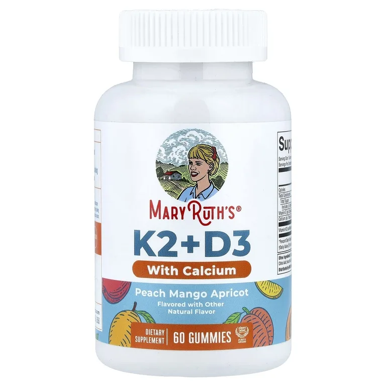 MaryRuth's, витамины K2 и D3 с кальцием в жевательных таблетках, со вкусом персика, манго и абрикоса, 60 жевательных таблеток