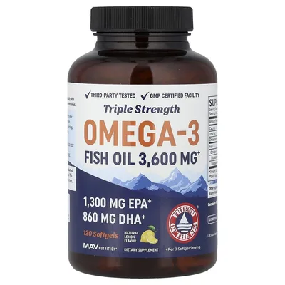MAV Nutrition, Рыбий жир с омега-3, тройной силы, натуральный лимон, 120 мягких таблеток