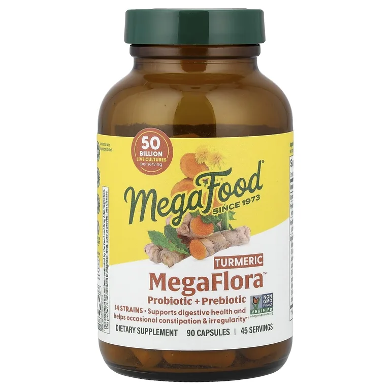 MegaFood, MegaFlora™, пробиотик и пребиотик с куркумой, 90 капсул