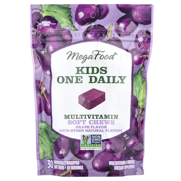 MegaFood, One Daily, для детей, жевательная мультивитаминная добавка, со вкусом винограда, 30 жевательных пастилок в индивидуальной упаковке