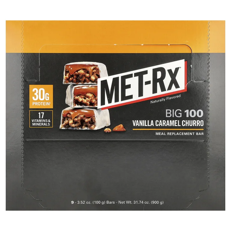 MET-Rx, Big 100, батончик для замены еды, чурро с ванилью и карамелью, 9 батончиков, 100 г (3,52 унции)
