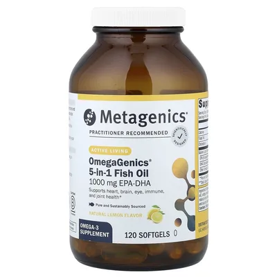 Metagenics, OmegaGenics®, рыбий жир 5 в 1, натуральный лимонный вкус, 120 капсул