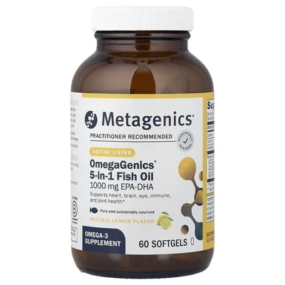 Metagenics, OmegaGenics®, рыбий жир 5 в 1, натуральный лимонный вкус, 60 капсул