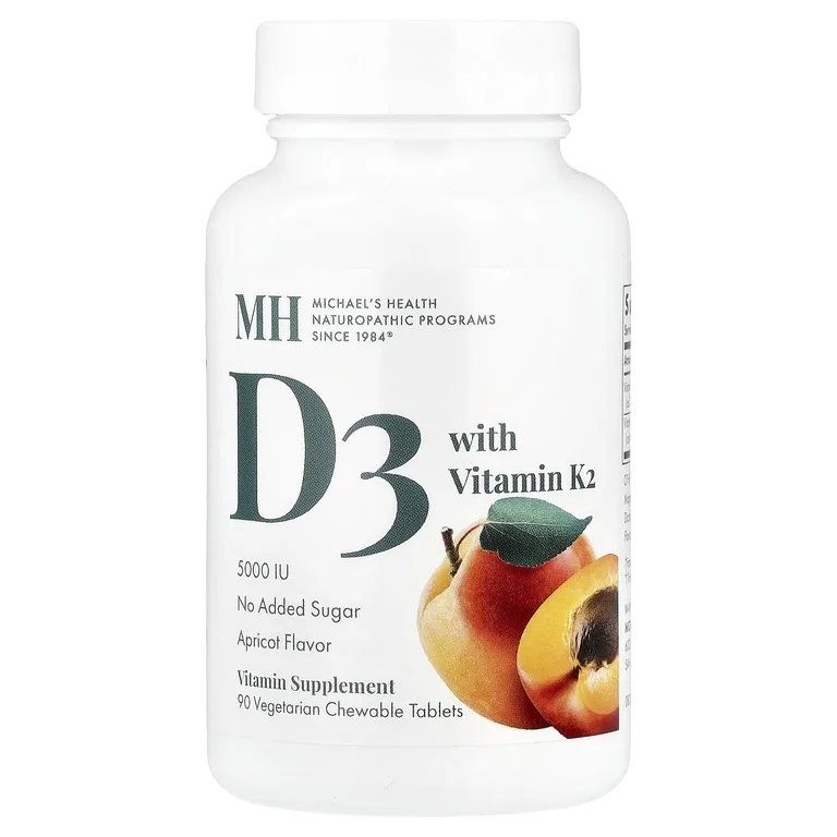 Michael's Health, витамин D3, с витамином K2, вкус абрикоса, 5000 мкг, 90 вегетарианских жевательных таблеток